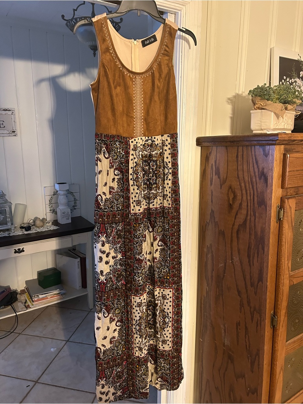fab'rik Brown Bodice Cream Patchwork Maxi Dress